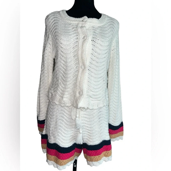 House of Harlow 1960 Knit Cardigan & Shorts Set White Multicolor Trim Size M NWT - Picture 3 of 10